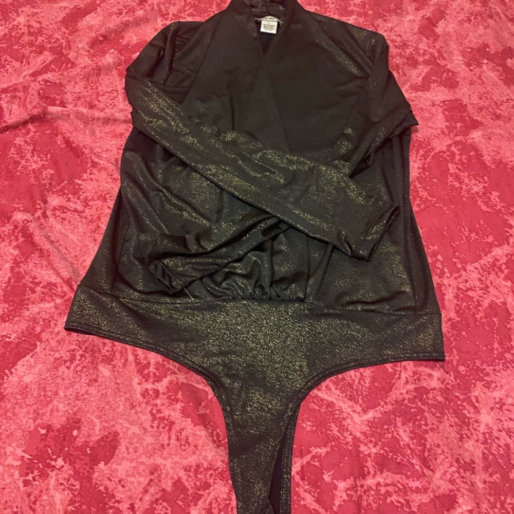 Arden B Womens Black Long Sleeve Plunging Neck Bodysuit Stretchy Size L - Picture 2 of 5